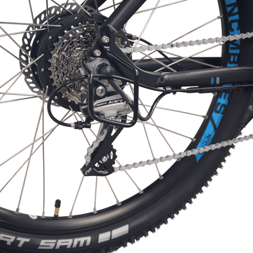 Close-Up Shimano Acera Gears and Rear Tire – NCM M7 Electric Mountain Bike | SalteBikes.com.au
