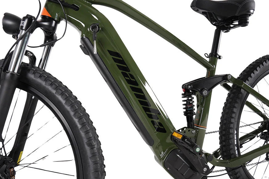 Saltebikes: 2024 Mamba Double Strike V2 E-Bike with 48V 750W Bafang Motor and Dual Suspension, featuring a sleek green frame and Samsung battery.