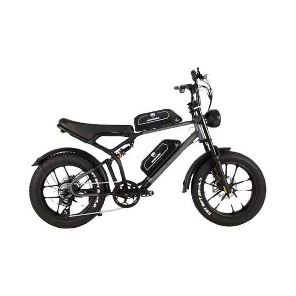 Saltebikes: Mamba Kalahari 48V 750W dual Mamba Kalahari 48V 750W e-bike with dual suspension, 20x4 fat tires, dual 18Ah Samsung batteries, and Shimano 7-speed gears