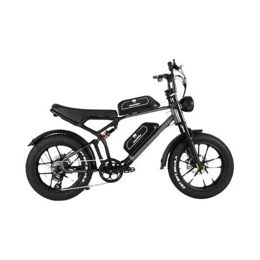 Saltebikes: Mamba Kalahari 48V 750W dual Mamba Kalahari 48V 750W e-bike with dual suspension, 20x4 fat tires, dual 18Ah Samsung batteries, and Shimano 7-speed gears