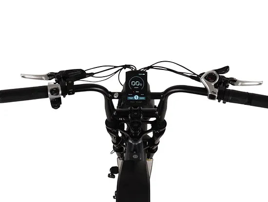 Saltebikes: Handlebar view of Mamba Kalahari e-bike with LCD display, gear shifters, and ergonomic grips for precise control and navigation