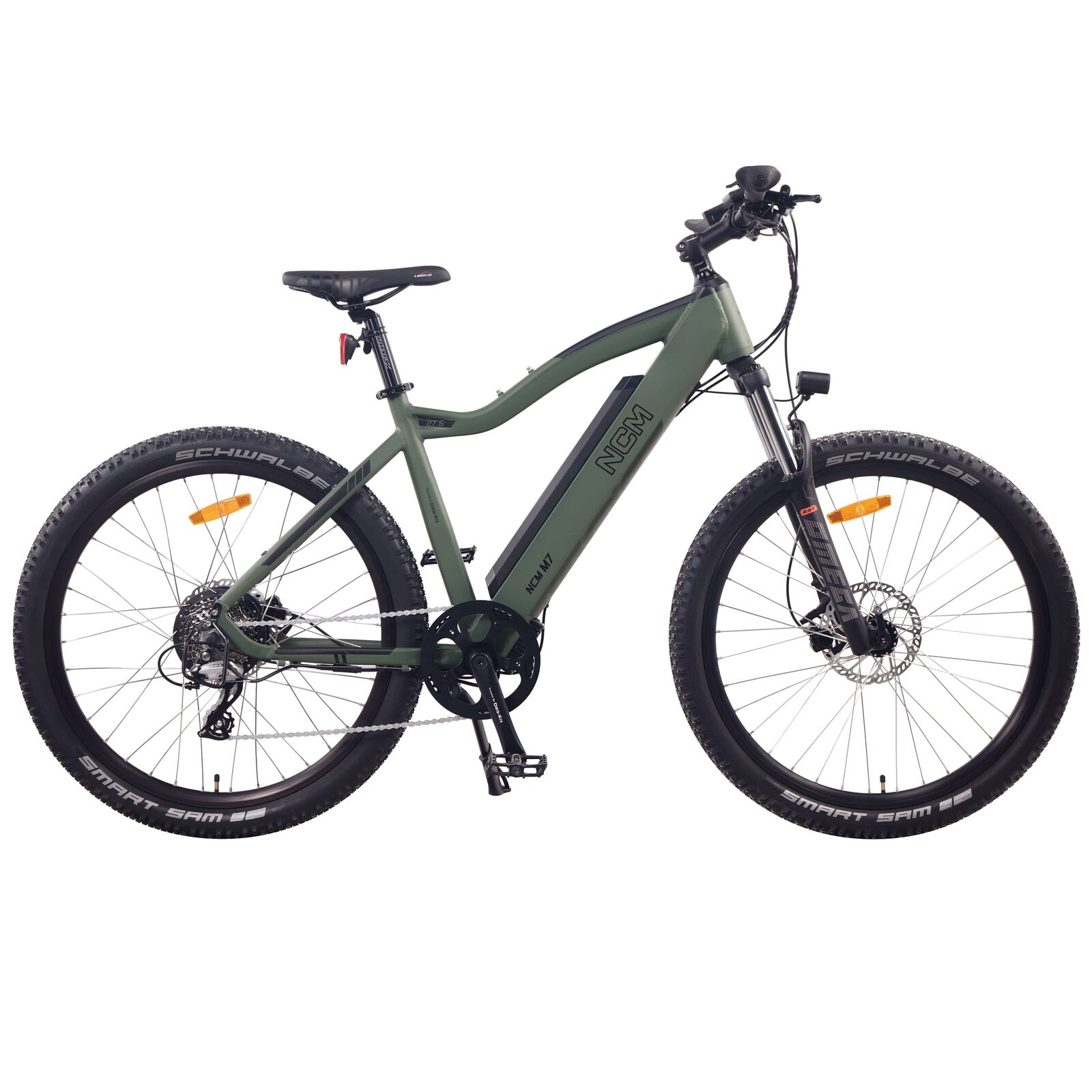 NCM M7 Army Green Electric Mountain Bike Side View – SalteBikes.com.au