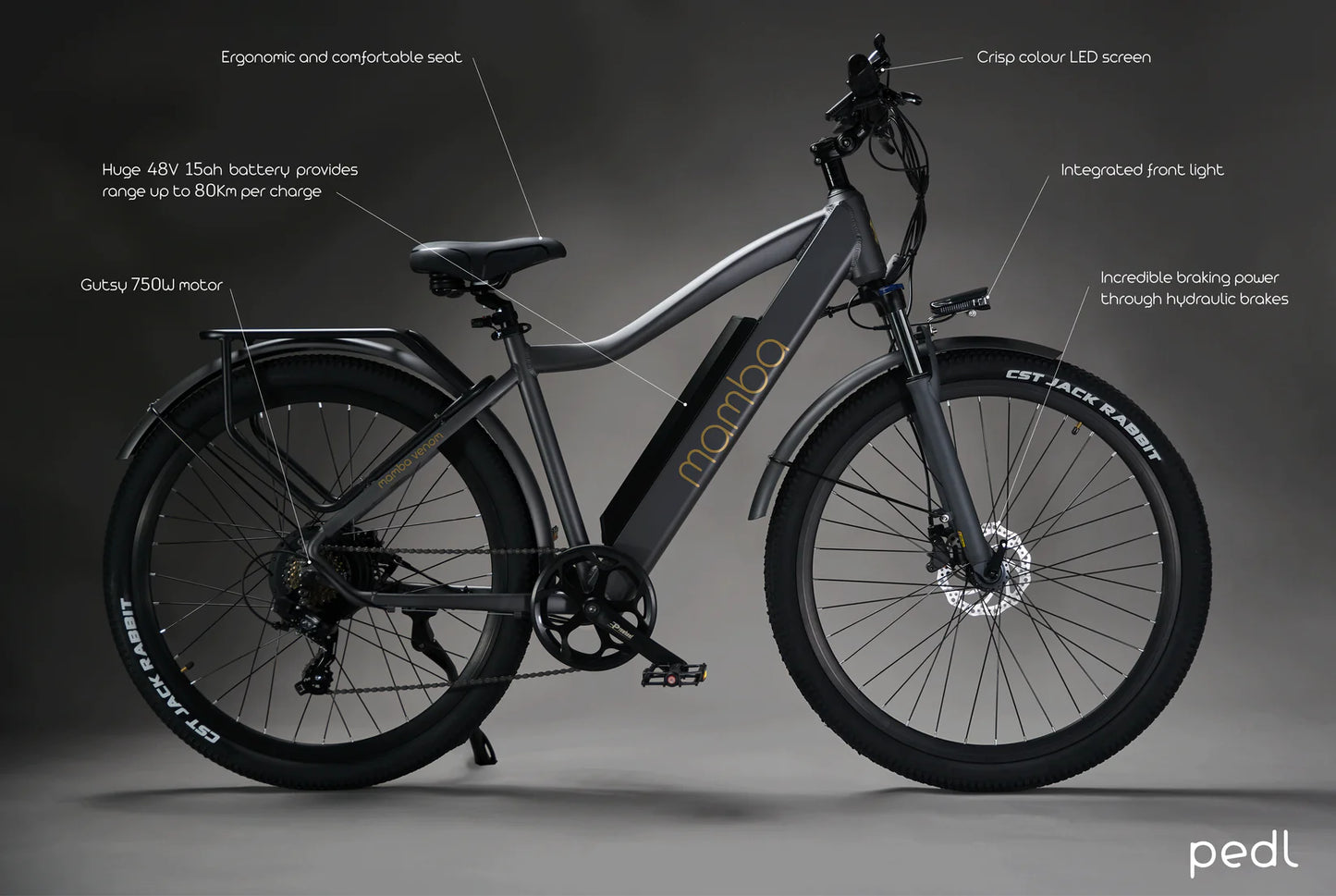 Saltebikes: Close-up of the Mamba Venom 2024 e-bike components, including Shimano 7-speed gears, hydraulic brakes, and a durable aluminum frame, available at SalteBikes.