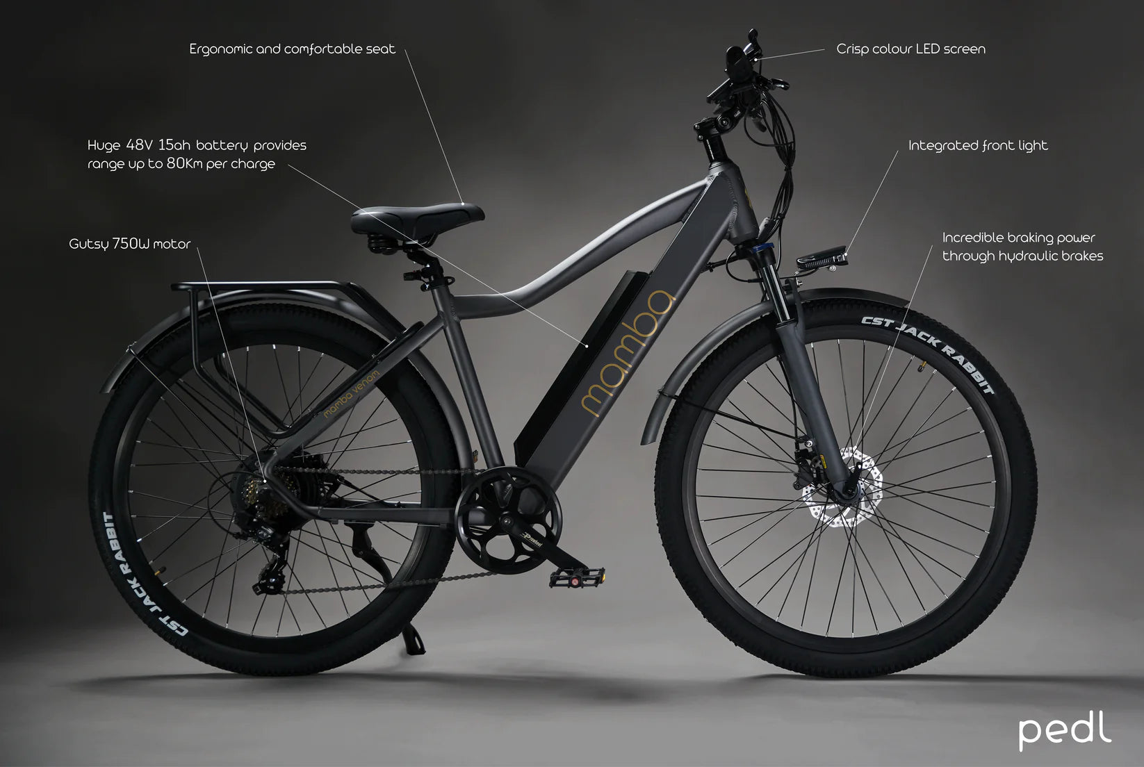 Saltebikes: Close-up of the Mamba Venom 2024 e-bike components, including Shimano 7-speed gears, hydraulic brakes, and a durable aluminum frame, available at SalteBikes.