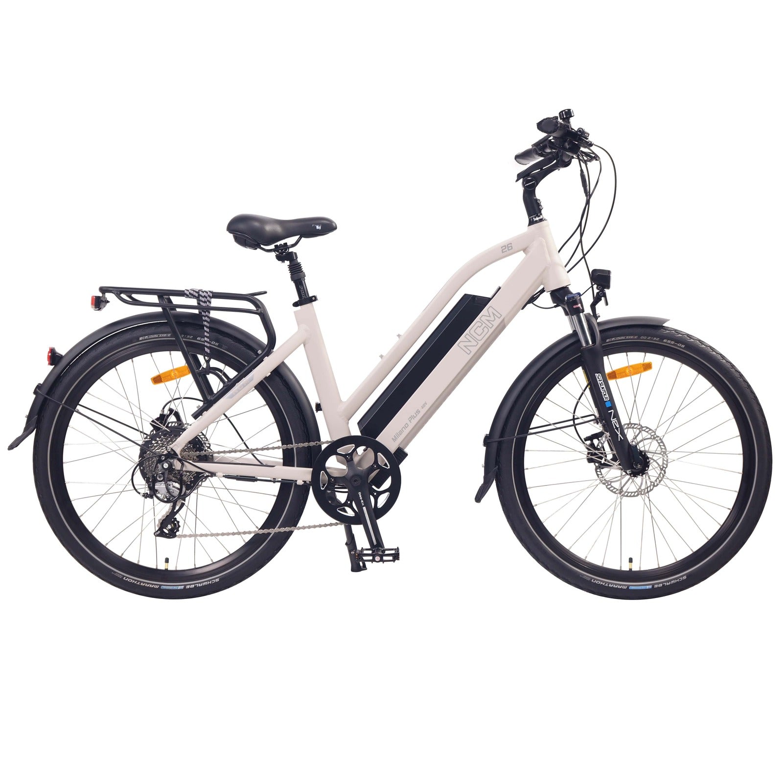 Side profile of the NCM Milano Plus Step-Thru Electric Commuter Bike in Sand, featuring a 250W-500W motor, 48V 16Ah battery, and ergonomic frame design for trekking and urban rides, available at SalteBikes.