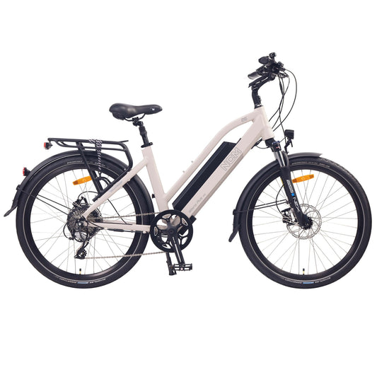 Side profile of the NCM Milano Plus Step-Thru Electric Commuter Bike in Sand, featuring a 250W-500W motor, 48V 16Ah battery, and ergonomic frame design for trekking and urban rides, available at SalteBikes.