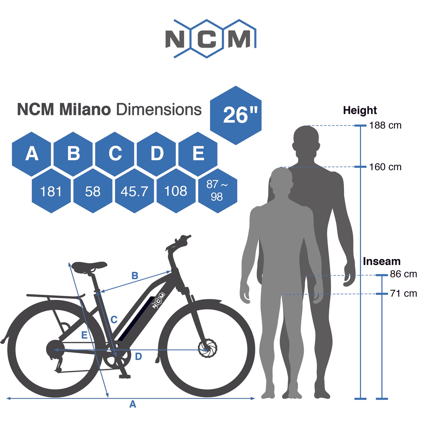 Detailed dimensions of the NCM Milano Plus Step-Thru Electric Bike in black, highlighting height and width measurements. Available at SalteBikes, this versatile e-bike is perfect for commuting and trekking, offering a 250W-500W motor and 48V battery.