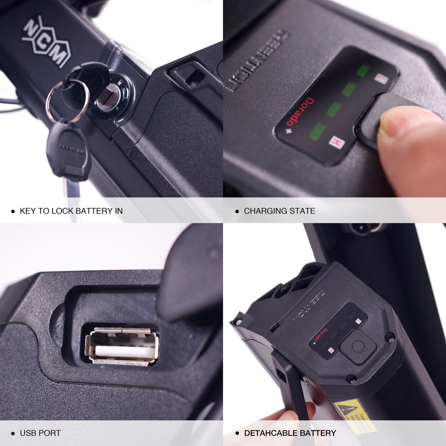 SalteBikes NCM Milano Plus Detachable Battery Features | Close-up of battery lock key, charging indicator, USB port, and power button, ensuring easy removal, charging, and secure placement for long-distance electric biking.