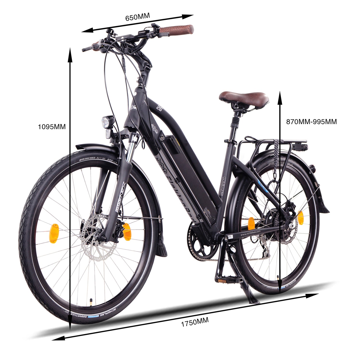 Side-angled profile of the NCM Milano Plus Step-Thru Electric Commuter Bike in Black, displaying frame height and width measurements, featuring a 250W-500W motor and 48V 16Ah battery for versatile trekking and city commutes, available at SalteBikes