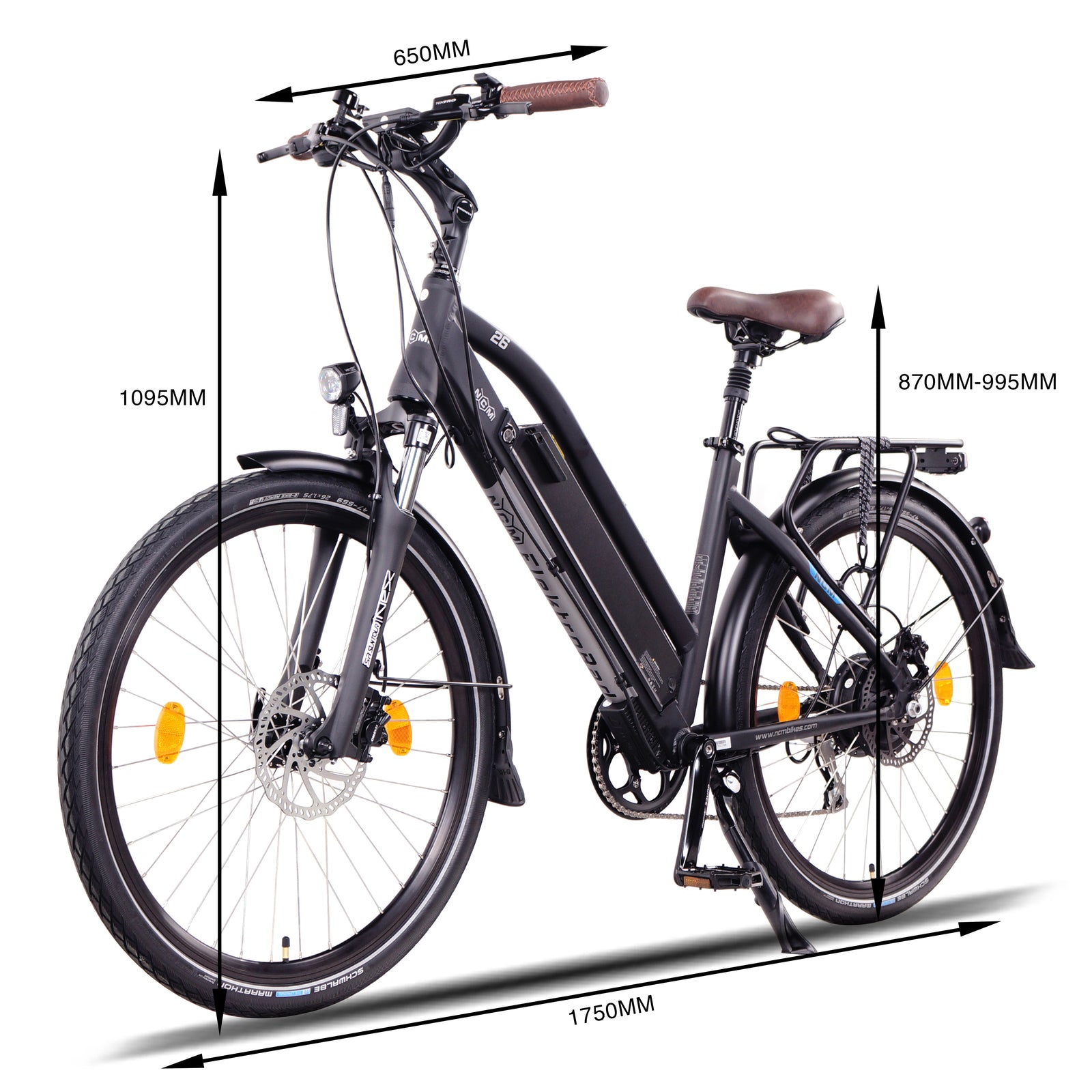 Side-angled profile of the NCM Milano Plus Step-Thru Electric Commuter Bike in Black, displaying frame height and width measurements, featuring a 250W-500W motor and 48V 16Ah battery for versatile trekking and city commutes, available at SalteBikes