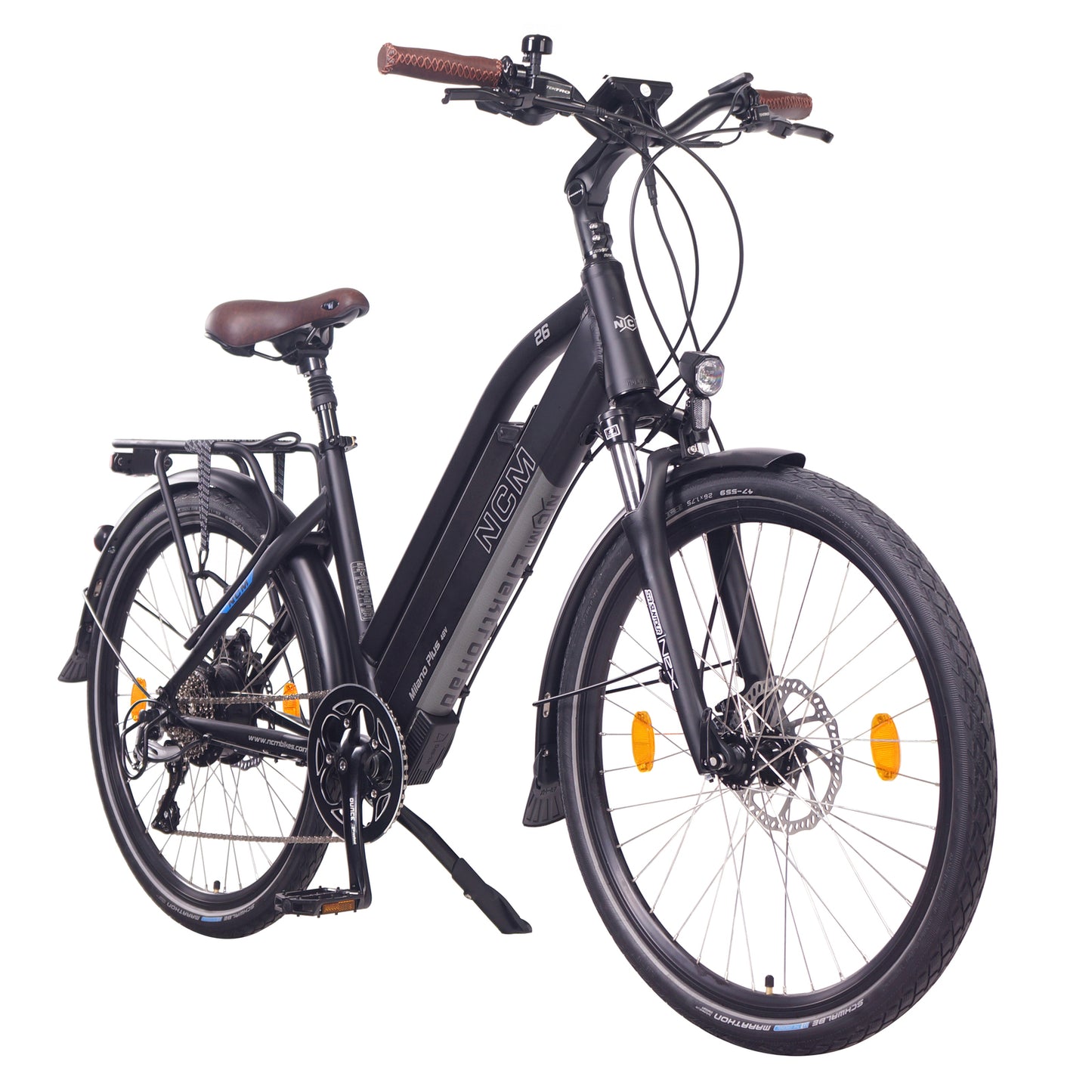 SalteBikes NCM Milano Plus Black Electric Bike | Stylish step-thru design with 250W-500W motor, 48V 16Ah battery, and a sleek black finish for versatile commuting and trekking. Ideal for riders seeking comfort and performance with up to 120km range