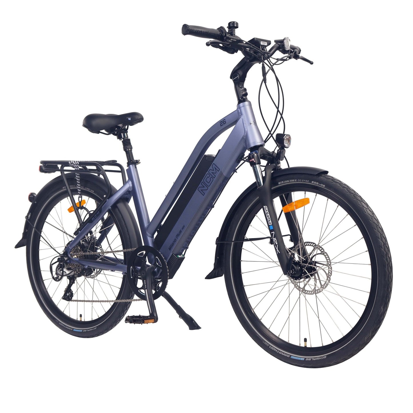 Side-angled view of the NCM Milano Plus Step-Thru Electric Bike in Lavender Blue, showcasing its sleek design and step-through frame. Available at SalteBikes, this e-bike features a 250W-500W motor, a 48V battery, and a range of up to 120km, perfect for trekking and commuting.