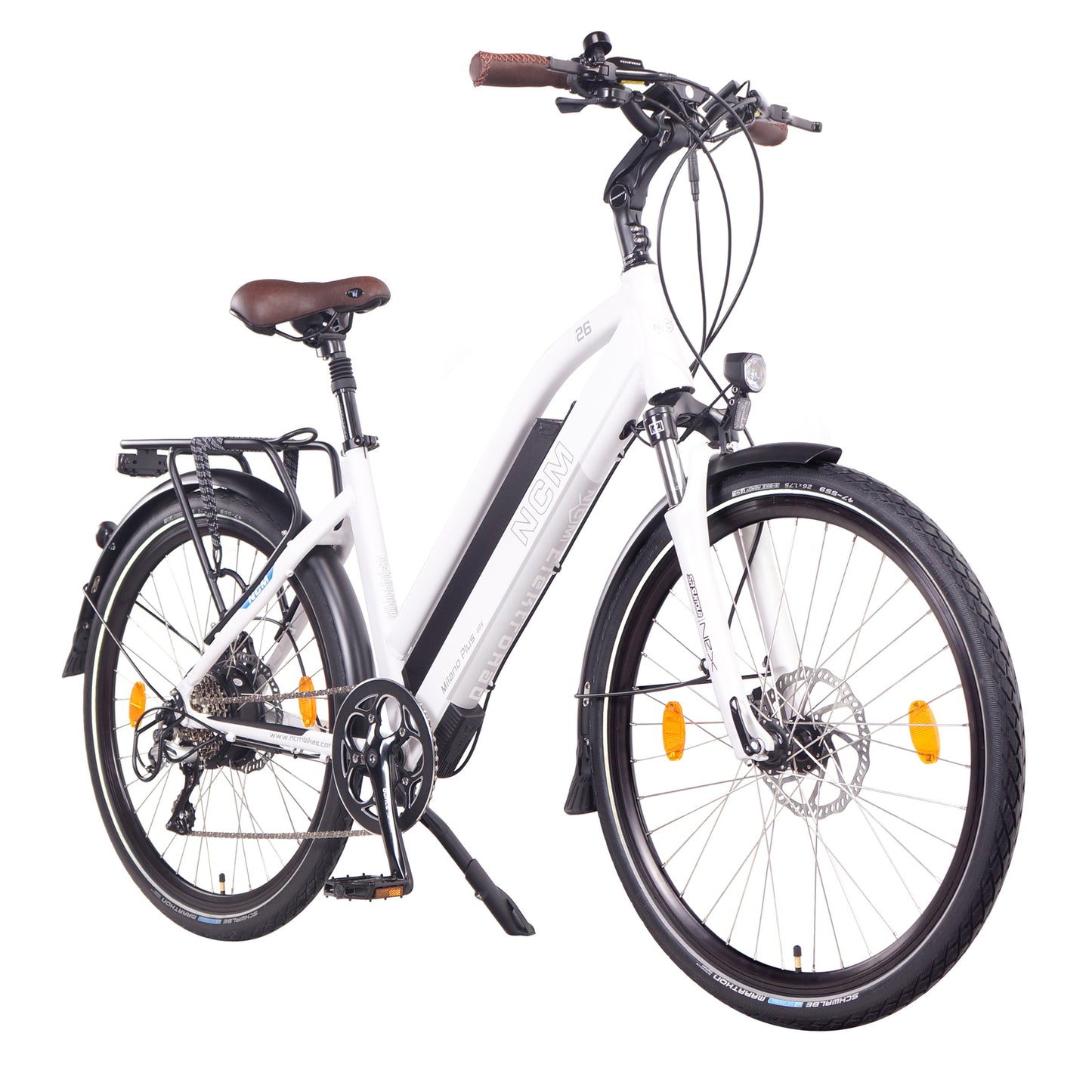 Side-angled view of the NCM Milano Plus Step-Thru Electric Bike in White, highlighting its elegant design and ergonomic frame. Offered by SalteBikes, this e-bike features a 250W-500W motor, 48V battery, and a range of up to 120km, ideal for both commuting and trekking adventures.