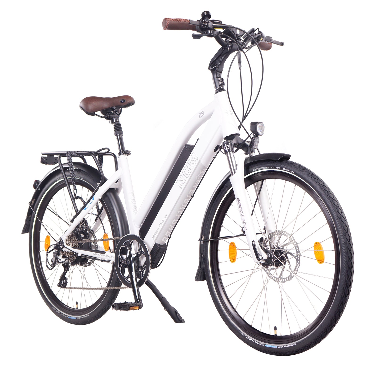 Side-angled view of the NCM Milano Plus Step-Thru Electric Bike in White, highlighting its elegant design and ergonomic frame. Offered by SalteBikes, this e-bike features a 250W-500W motor, 48V battery, and a range of up to 120km, ideal for both commuting and trekking adventures.