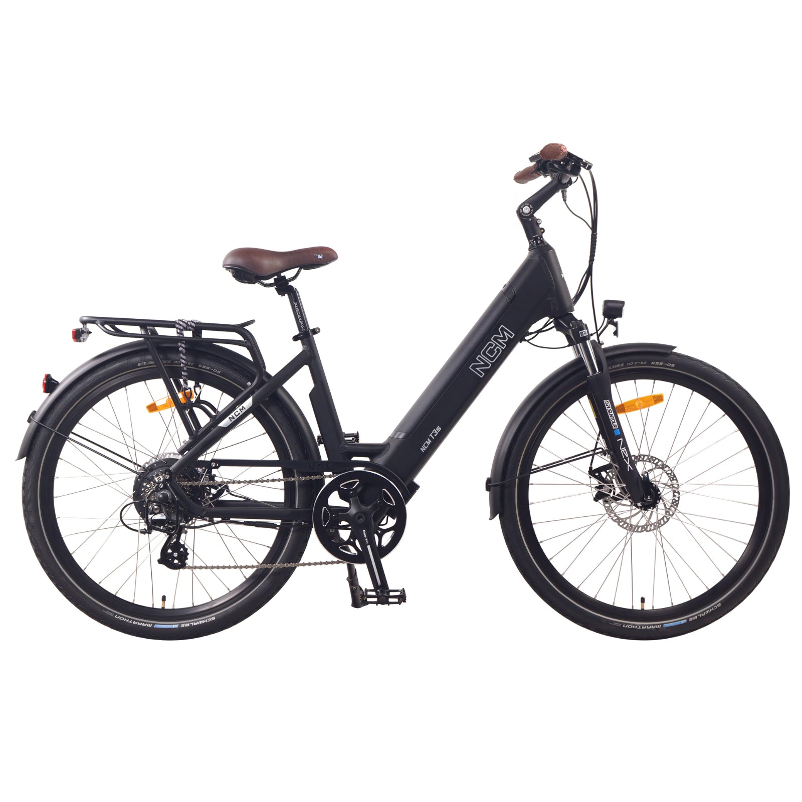 SalteBikes NCM T3S Step-Thru Electric Bike - Side View | 250W-500W Motor, 48V 12Ah Battery, Lightweight Step-Through Frame, Commuter and Trekking E-Bike for Urban Rides and Countryside Adventures.