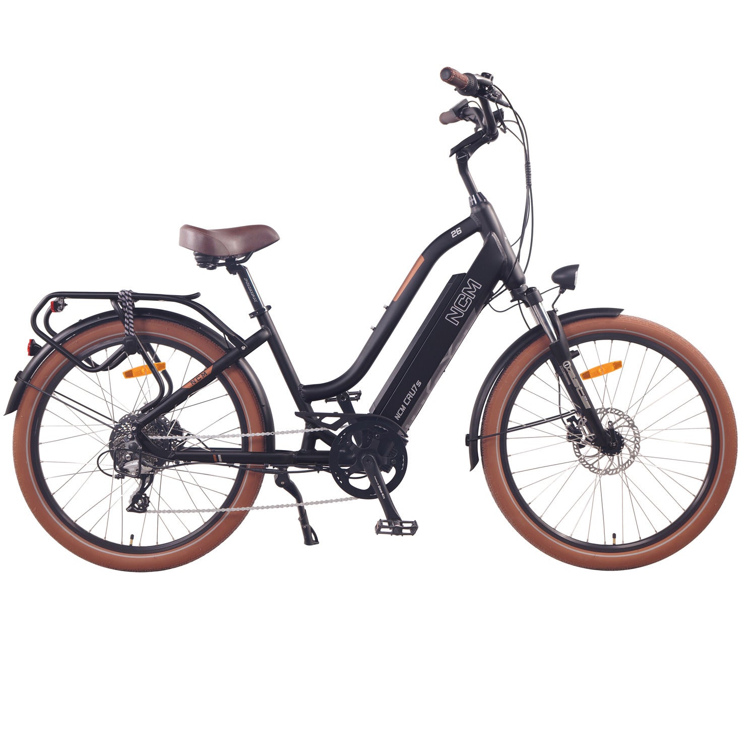 Side view of NCM Cru7s Step-Through Cruiser E-Bike by SalteBikes, 250W motor, 500W peak power, Shimano 8-speed gearing.