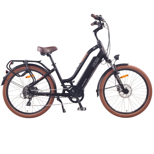 Side view of NCM Cru7s Step-Through Cruiser E-Bike by SalteBikes, 250W motor, 500W peak power, Shimano 8-speed gearing.