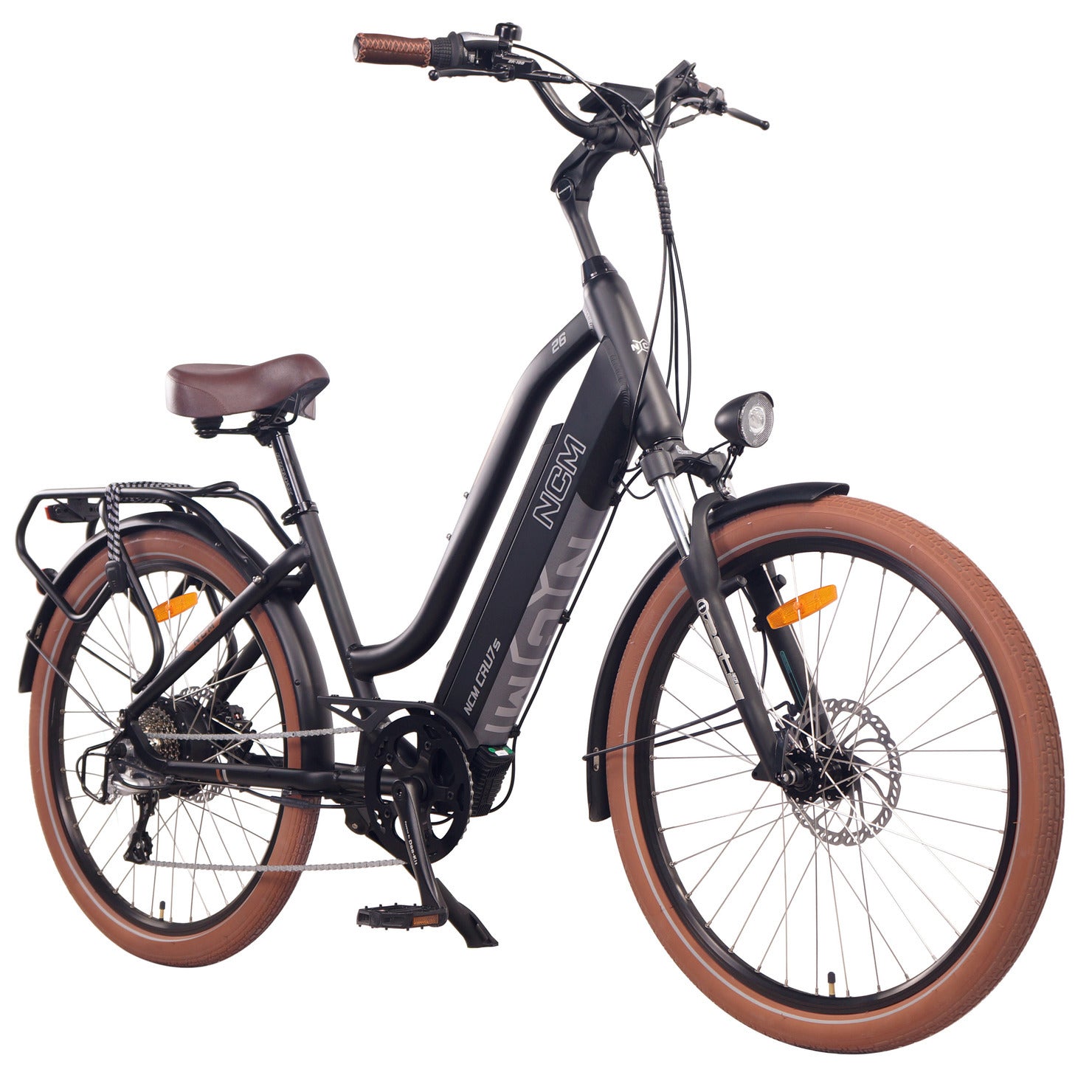 Angled view of NCM Cru7s Step-Through Cruiser E-Bike by SalteBikes, showcasing its 250W motor, 500W peak power, Shimano 8-speed gearing, and comfortable design.