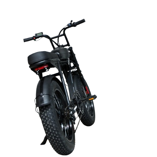Rear view of the Salte All-Terrain Cruiser 500W fat tire e-bike, showcasing the dual braking system, rear LED brake light, and rugged alloy frame for enhanced safety and durability on all terrains