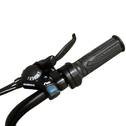 Close-up of Shimano 7-speed gears and twist throttle on the Salte All-Terrain Cruiser, providing smooth gear shifts and effortless acceleration for a customizable riding experience on diverse terrains.