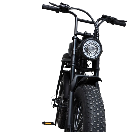 Close-up of the front end of the Salte All-Terrain Cruiser, highlighting the front suspension, bright LED headlight, and durable fat tires designed for off-road adventures and enhanced visibility