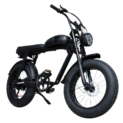 Side view of the Salte All-Terrain Cruiser 500W fat tire e-bike, showcasing its powerful 500W motor, Shimano 7-speed gears, durable fat tires, and ergonomic design for superior comfort on all terrains