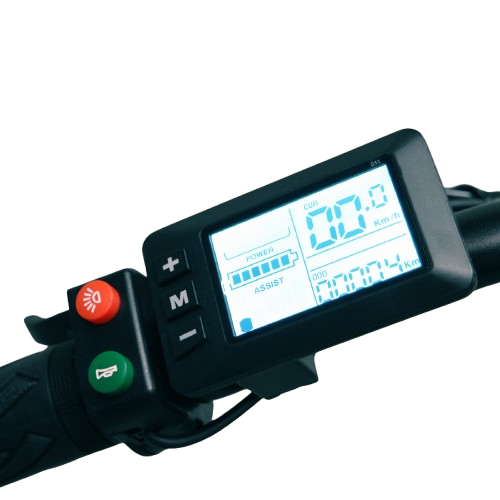 Digital display of the Salte All-Terrain Cruiser showing speed, remaining battery life, and 5 power assist modes for a fully customized and efficient ride on all terrains.