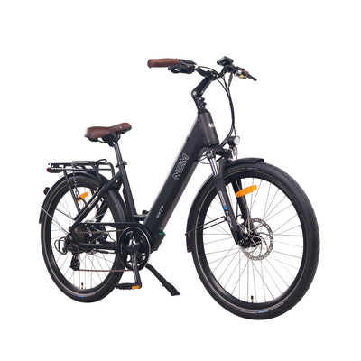 SalteBikes NCM T3S Step-Thru Electric Bike side profile with a slightly angled view, showcasing the 250W-500W motor, 48V battery, and comfortable step-thru frame for easy mounting and dismounting, ideal for commuting and light trekking.