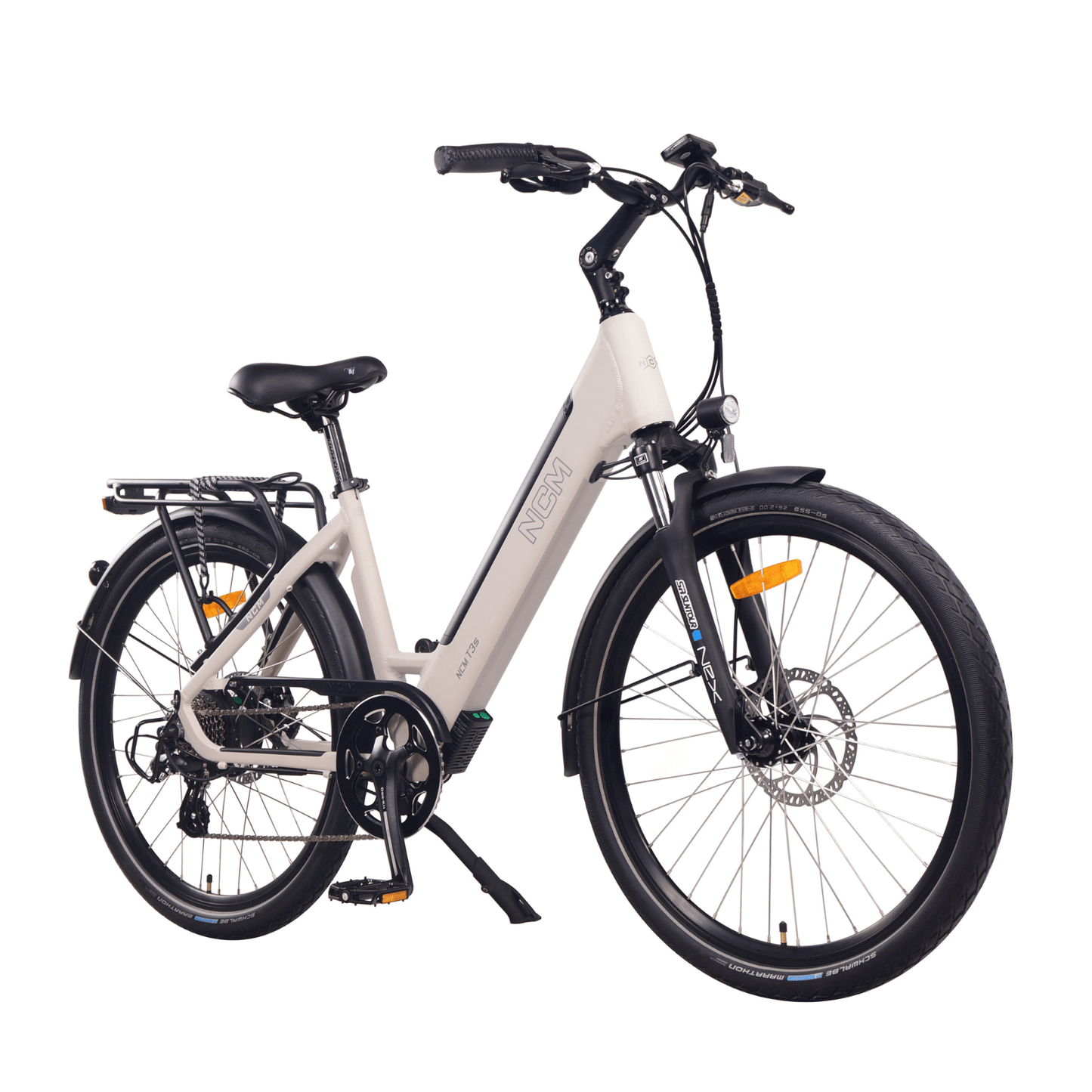 Close-up of SalteBikes' NCM TS3 Step-Thru Electric Bike in Sand Color, showcasing the stylish frame and design. Perfect for urban commuting and light trekking.