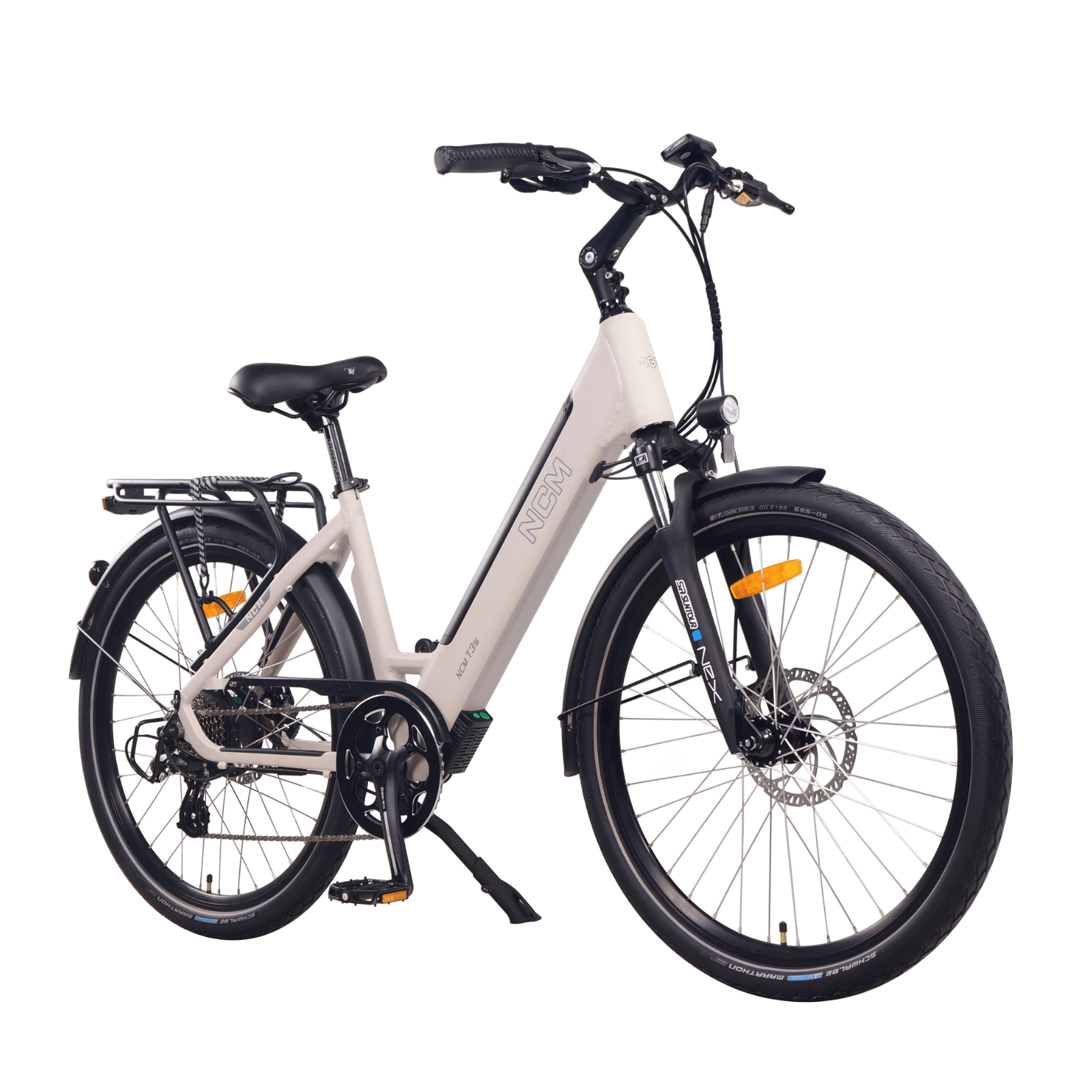 Close-up of SalteBikes' NCM TS3 Step-Thru Electric Bike in Sand Color, showcasing the stylish frame and design. Perfect for urban commuting and light trekking.