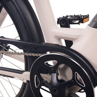 SalteBikes close-up of NCM T3S electric bike crankset, featuring a durable pedal attachment for smooth power transfer and enhanced riding efficiency.