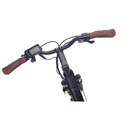 SalteBikes close-up of NCM T3S electric bike handlebars and LCD display, showcasing easy-to-read controls and smooth ride settings