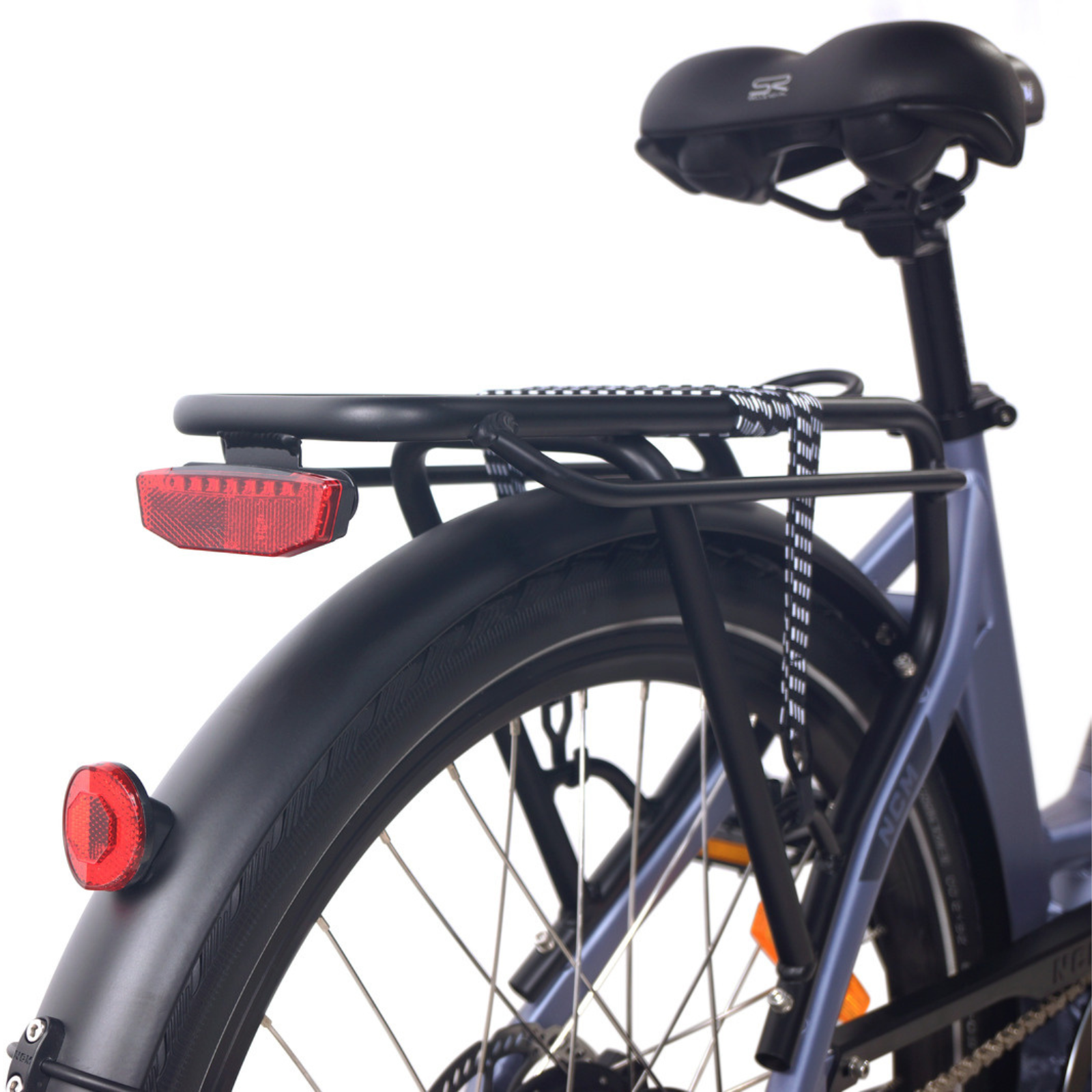 SalteBikes NCM TS3 electric bike rear rack, designed for cargo carrying, sturdy and practical, ideal for commuting and long rides, with lavender blue finish.