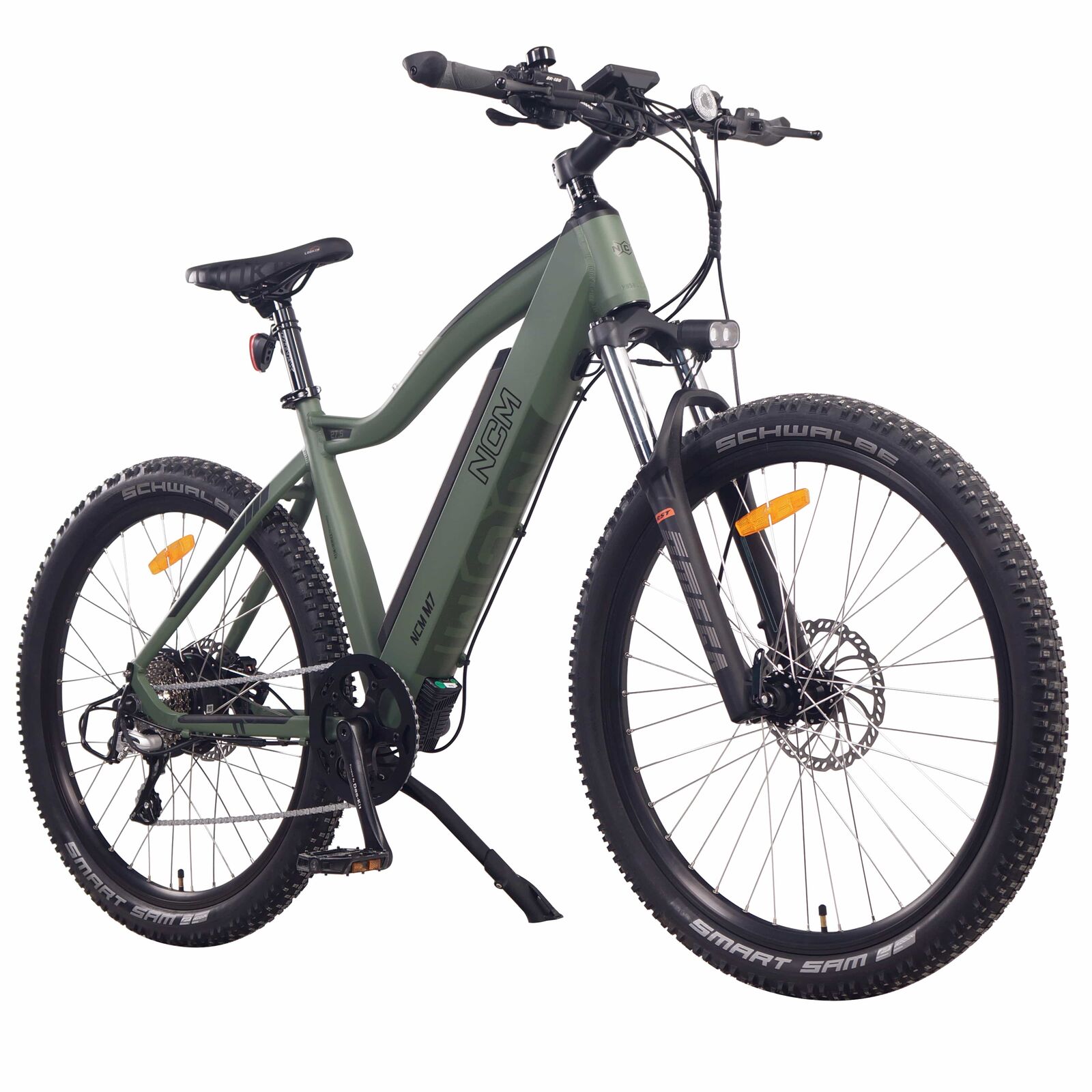 Slightly Angled Army Green NCM M7 Electric Mountain Bike – 500W Peak Power | SalteBikes.com.au