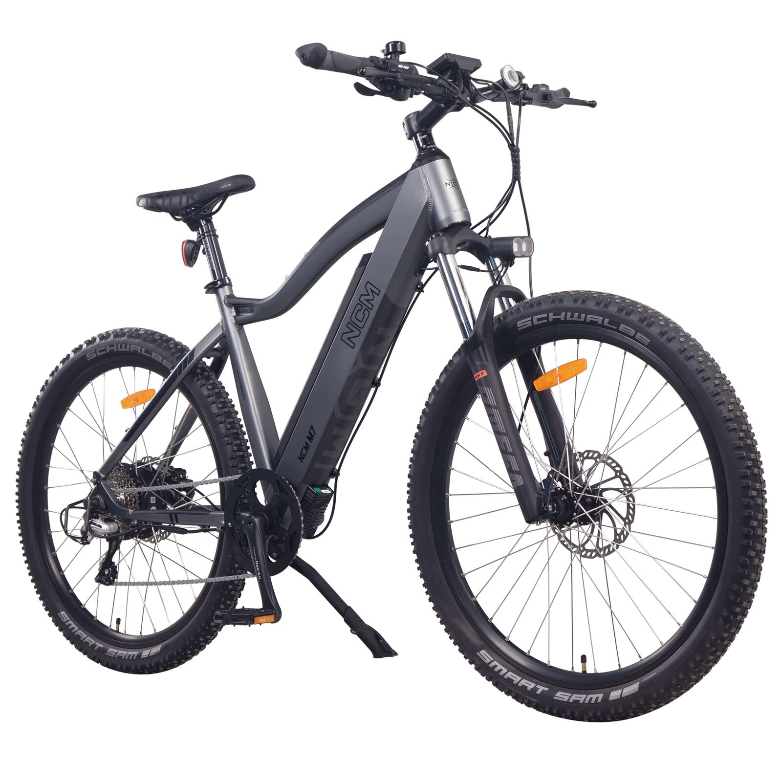 Slightly Angled Gun Metal Grey NCM M7 Electric Mountain Bike | SalteBikes.com.au
