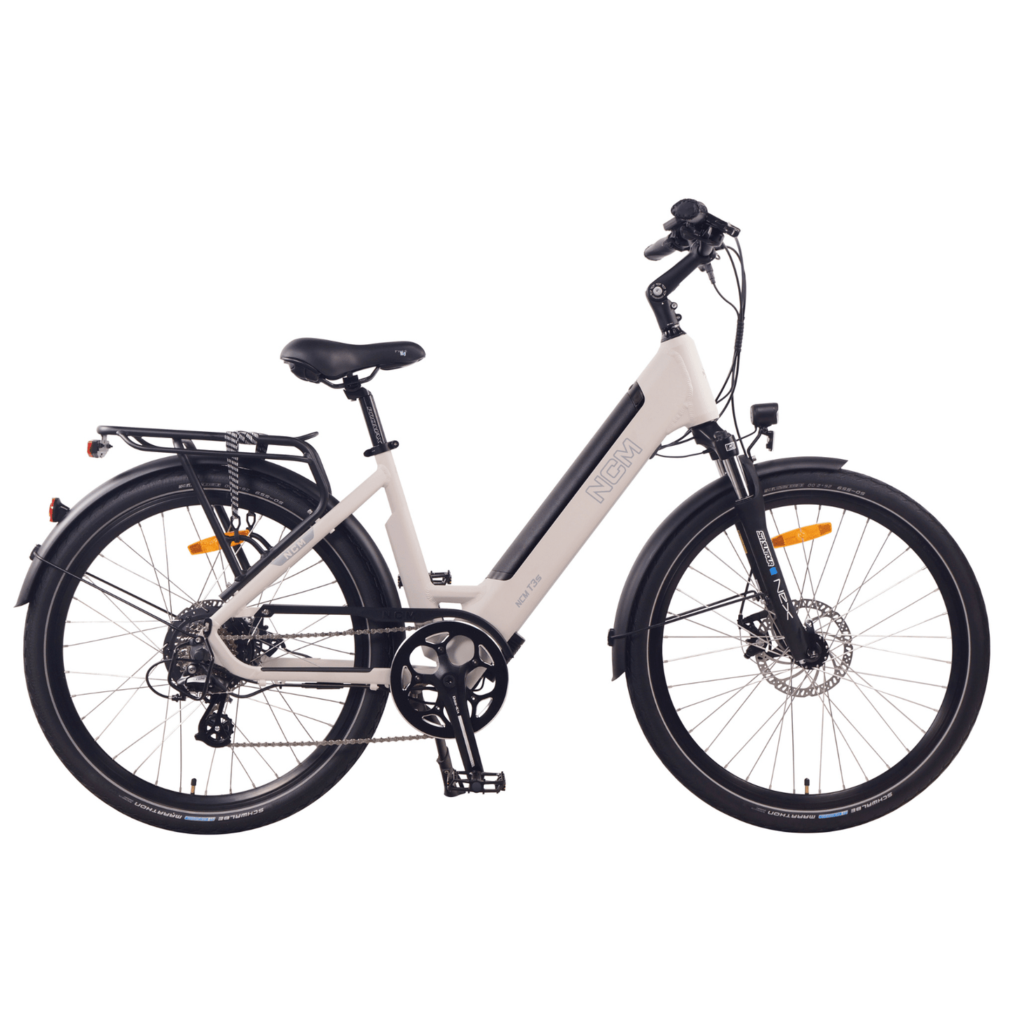 Close-up of SalteBikes' NCM TS3 Step-Thru Electric Bike in Sand Color, showcasing the stylish frame and design. Perfect for urban commuting and light trekking.