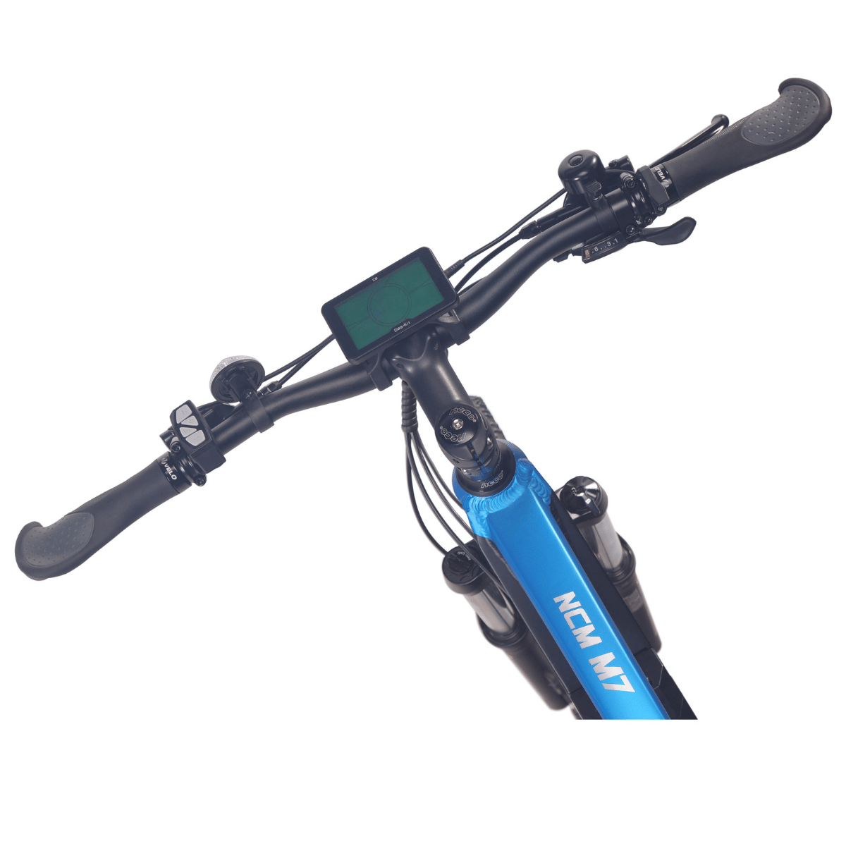 Close-Up Black NCM M7 Electric Mountain Bike Handlebars | SalteBikes.com.au