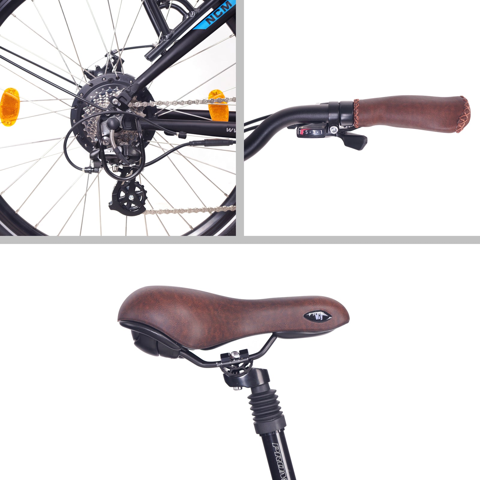 SalteBikes NCM Milano Plus Sand Color Electric Bike | Close-up of rear wheel with 250W-500W motor, ergonomic handlebars with gear controls, and comfortable saddle design. Perfect for commuting and trekking adventures with up to 120km range on a 48V 16Ah battery.