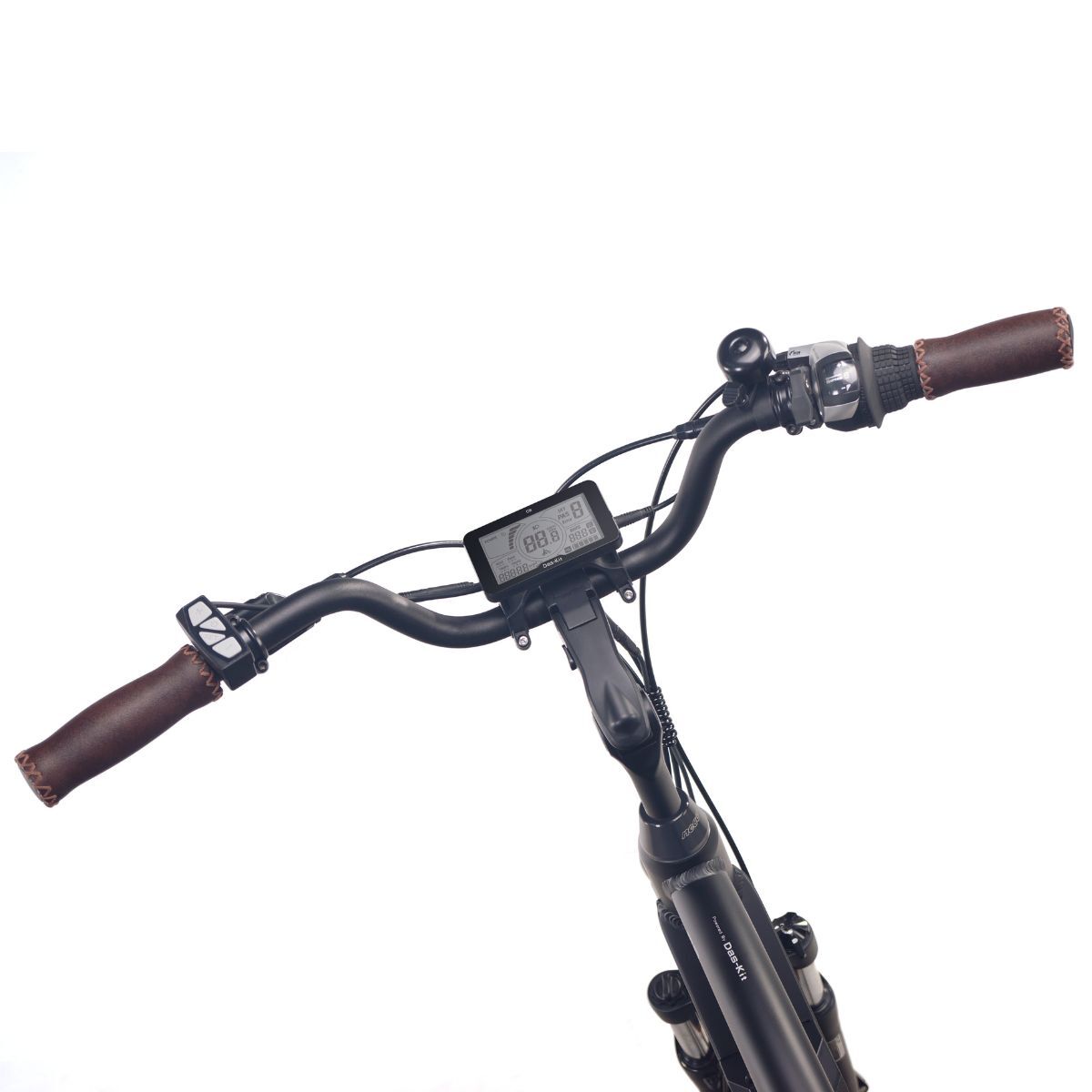 Close-up of NCM Cru7s Step-Through Cruiser E-Bike handlebars and display by SalteBikes, featuring easy-to-use controls, Shimano 8-speed shifter, and clear digital display.