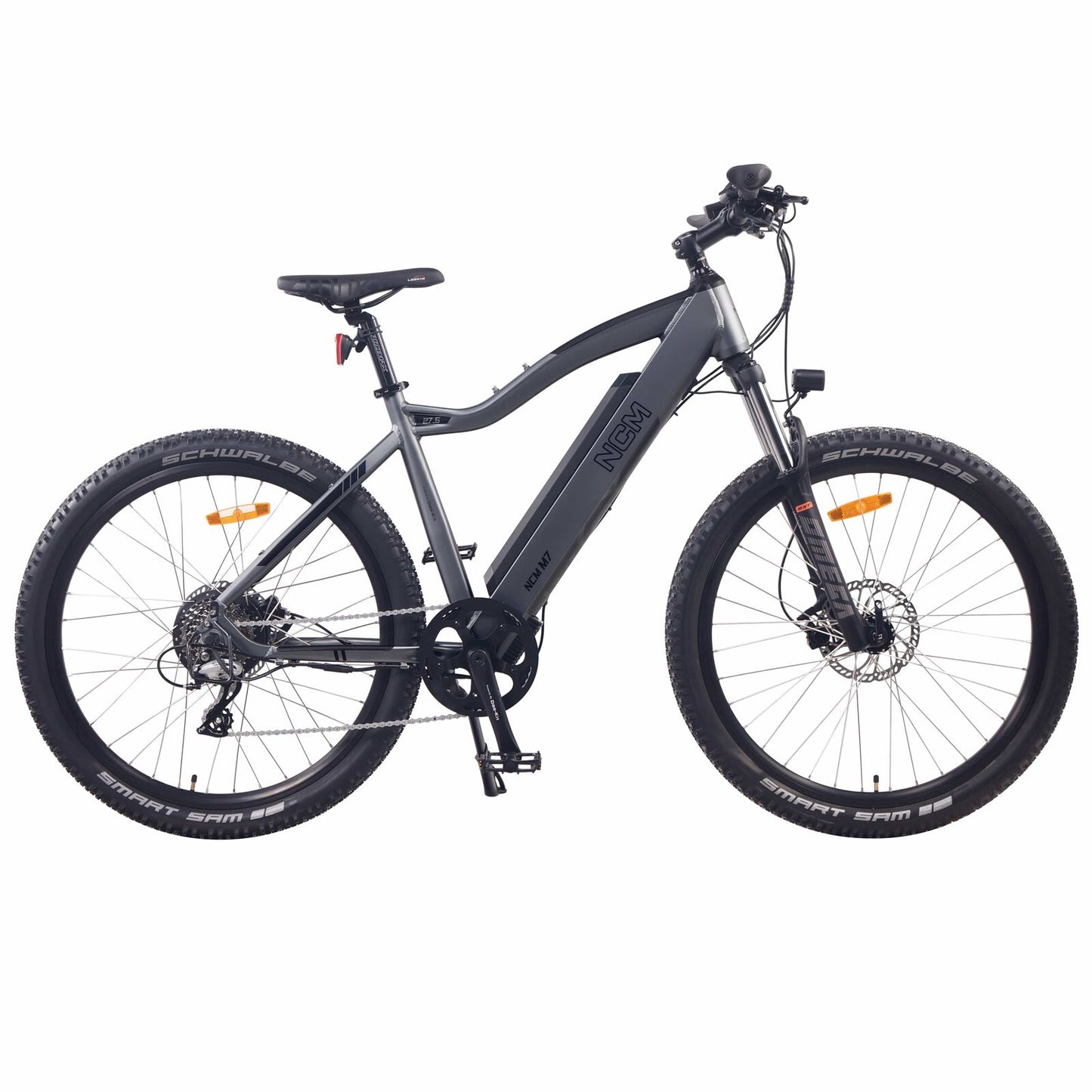 Side View of Gun Metal Grey NCM M7 Electric Mountain Bike | SalteBikes.com.au